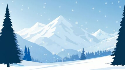 A picturesque winter scene with snowcovered mountains and falling snowflakes creates a magical atmosphere. The charming evergreen trees enhance its beauty, ideal for seasonal designs and holidays - Powered by Adobe