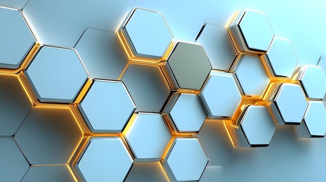 Abstract blue Hexagonal Design With Illuminating Gold Details on Light Background