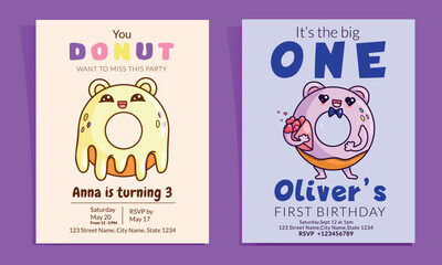 Set of birthday invitations with funny donut in kawaii style. Kids vector illustration for boy and girl