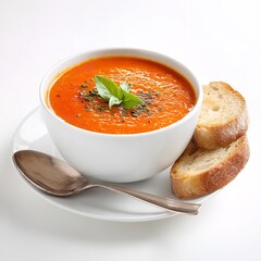 Tomato soup recipe homemade with basil and bread on white background for healthy eating and cooking
