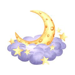 Yellow crescent moon in night cloud and stars watercolor isolated illustration for kids design. Cute hand drawn selestial luna. Decoration element for nursery or baby textile. Clipart of fairy dreams.