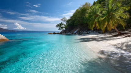 Fototapeta premium Calm close-up of calm sea water waves with palm trees. Beautiful panorama, tropical island beach landscape exotic shore coast. Summer vacation, holiday amazing nature. Sea background