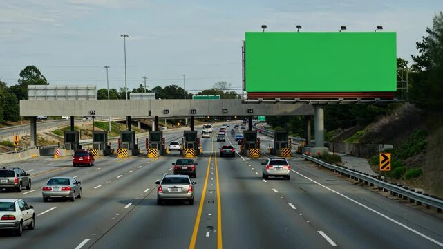 Busy highway with toll booths and a billboard with a green screen.