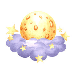 Yellow full moon in night cloud and stars watercolor isolated illustration for kids design. Cute hand drawn selestial rund luna. Decoration element for nursery or baby textile. Clipart of fairy dreams