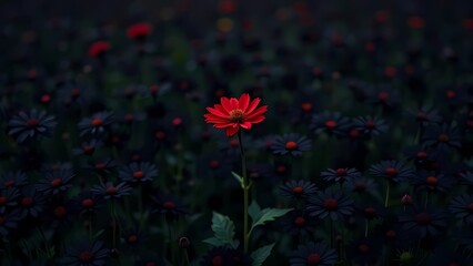 Red poppy flower surrounded by black flowers