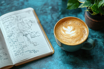 Heart drawn on a notebook beside a cup of coffee.