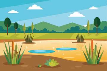 Serene pond landscape illustration transparent background