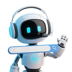 Happy robot. 3d ai character, chat bot mascot isolated on transparent background, GPT chatbot icon. Artificial intelligence, trendy technology, support service, funny automation computer