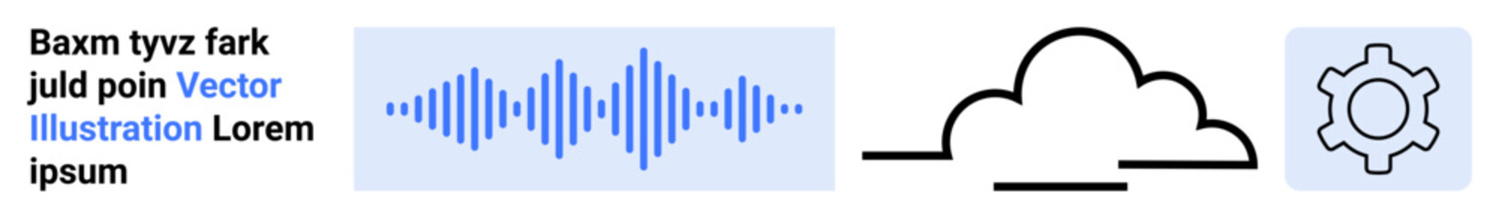 Blue audio waveform, cloud outline, and gear icon. Ideal for technology, sound systems, cloud services, automation, engineering, data transfer simple landing page