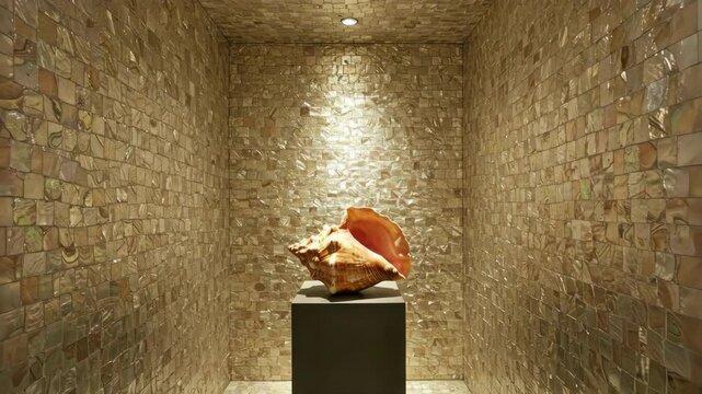 Conch shell on display in elegant tiled room, shiny and luxury.