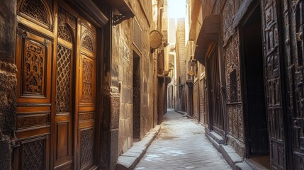Fototapeta premium Ancient Alleyway with Ornate Wooden Doors and Stone Walls