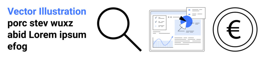 Magnifying glass near analytics dashboard featuring graphs and pie chart, alongside euro currency sign. Ideal for data analysis, finance, auditing, business strategy, market research, economy, simple