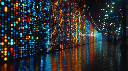 Obraz premium Night city wall with vibrant lights reflecting