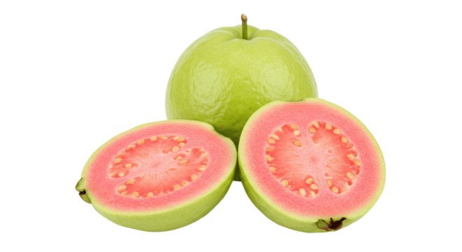 Whole and Halved Pink Guava Fruits on Transparent PNG Background, guava, pink guava, fruit, tropical fruit, tropical, food, healthy, fresh, whole, halved, cut, slice, cross section, seeds, sweet, deli
