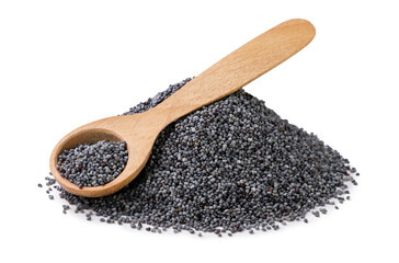 Heap of poppy seeds with wooden spoon on a white background. Isolated