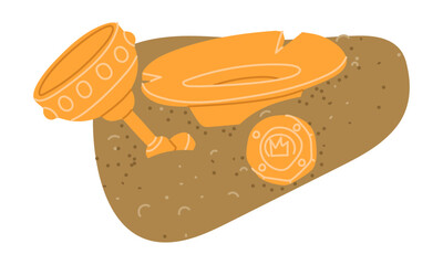 Grail cup, ceremonial gold goblet with gold plate and coin in sand. archaeological find. It is suitable for the design of books, articles, posters and presentations on archeology and human history.