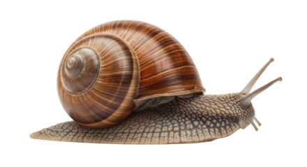 Snail with Brown Striped Shell on Transparent PNG Background, snail, gastropod, mollusk, shell, brown, striped, animal, wildlife, nature, creature