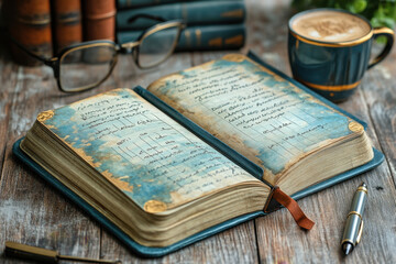 Obraz premium Pen and glasses on open book.