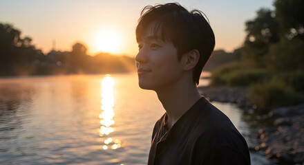 Fototapeta premium Man gazing at sunrise over river