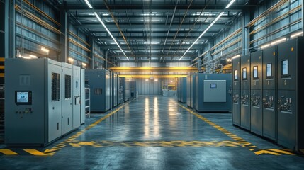 Industrial Facility Interior with Advanced Machinery and Control Panels