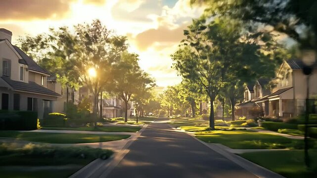 Residential Street with Lush Green Trees and Houses Under a Bright Sun During Daytime With Beautiful Warm Light