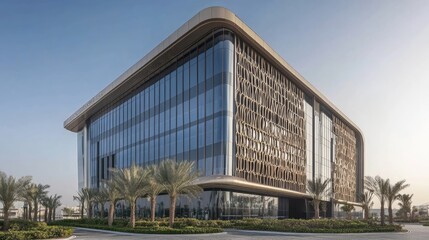 Obraz premium Modern building with glass and metal facade, palm trees