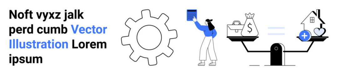 Gear symbolizes process, person holds files, scales compare money and home ownership. Ideal for finance, investment, housing, economy, balance, business simple landing page