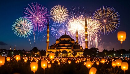 Fireworks over Mosque, Lanterns Glow