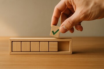 hand placing the final wooden block with a green checkmark into a progress bar made of natural wood pieces