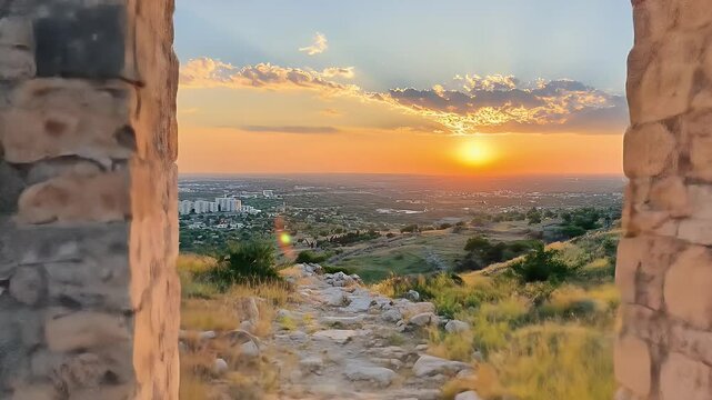 Picturesque Sunrise Through Stone Archway Overlooking the Italian Countryside Under a Blue and Orange Sky with Warm Sunlight in a Travel Destination