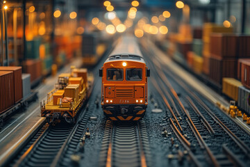 Toy train on tracks in train yard.