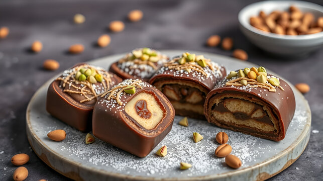 Trend Dubai chocolate with pistachio nut paste and kataifi doug. Trendy cocoa spread dessert banner