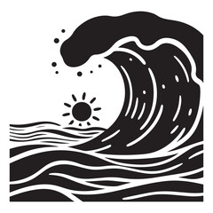 Ocean Wave and Sun Silhouette white background.