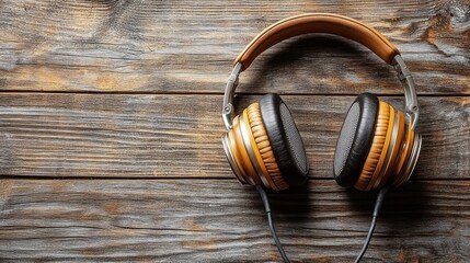 Over-ear headphones on rustic wood