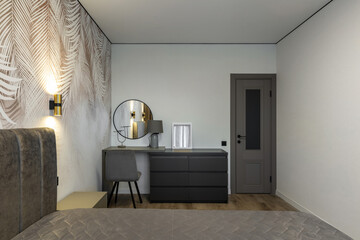 Cozy Bedroom Vanity with Palm Wallpaper