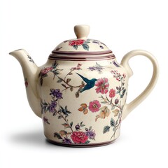 Floral teapot vintage ceramic tea kettle with bird design for tea party and kitchen decor collection