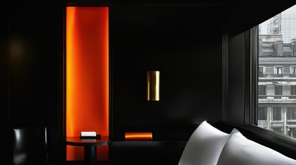 A modern hotel room with a black and orange color scheme.