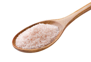 Fine Himalayan salt in a wooden plate on a white background. Isolated