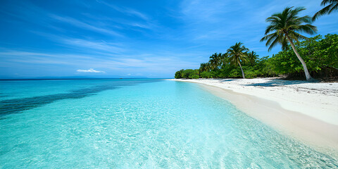 Tropical beach with clear water and palm trees, Stunning tropical coastline with turquoise ocean, Paradise beach with clear water and sandy shore