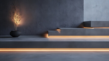 Modern Minimalist Concrete Platforms with Warm Lighting, Textarea