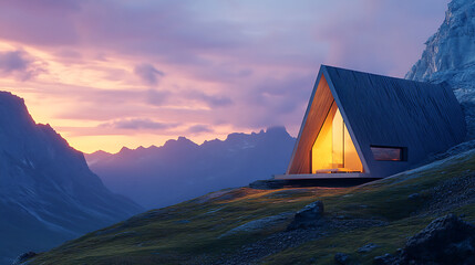Modern Minimalist Cabin Against Majestic Mountain at Sunset, Textarea