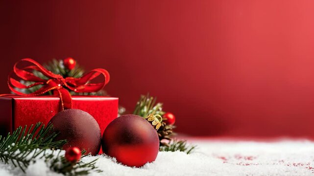Festive arrangement with red ornaments on a snowy surface in front of a gift box with a matching red ribbon. A pine cone adds a natural touch to the composition, against a red background.
