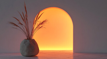 Minimalist Arch Lamp with Glowing Orange Light and Stone Vase, Text area
