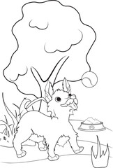 Cute terrier puppy catching a tennis ball in an outdoor scene. Vector coloring page for children and pet lovers.