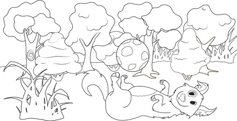 Line art coloring page featuring happy cartoon dog playing with a ball amidst trees in an outdoor scene. Pets coloring book for kids.