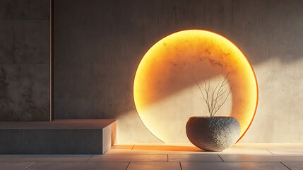 Minimalist Arch Lamp with Glowing Orange Light and Stone Vase, Text area
