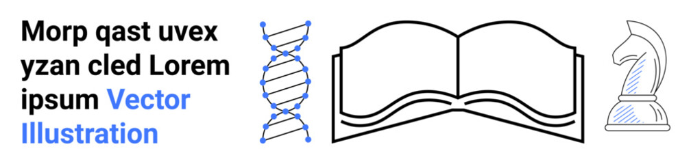 Open book, DNA helix, and chess knight emphasizing learning, scientific research, logic, and critical thinking. Ideal for education, strategy, reading analysis innovation science simple landing