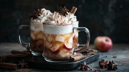 Fruit s scenery of apple c shutting with cinnamon and star anise in glass mugs, white cream on top, dark background.