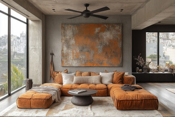 Large painting above orange couches in a living room.