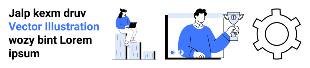Man holding trophy on screen, woman analyzing data on bar graph, gear symbol highlights strategy. Ideal for teamwork, leadership, innovation, analytics, success, motivation simple landing page